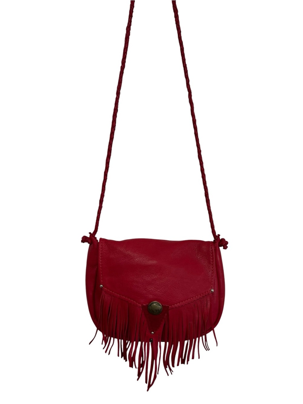 Vtg 80s Elaine Snyder Buckskin Clothier Red Leather Fringe Shoulder Bag
